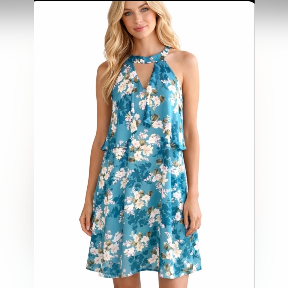 Peach Love Size Large Blue Floral Halterneck Open Back Flowy Mini Dress NWT